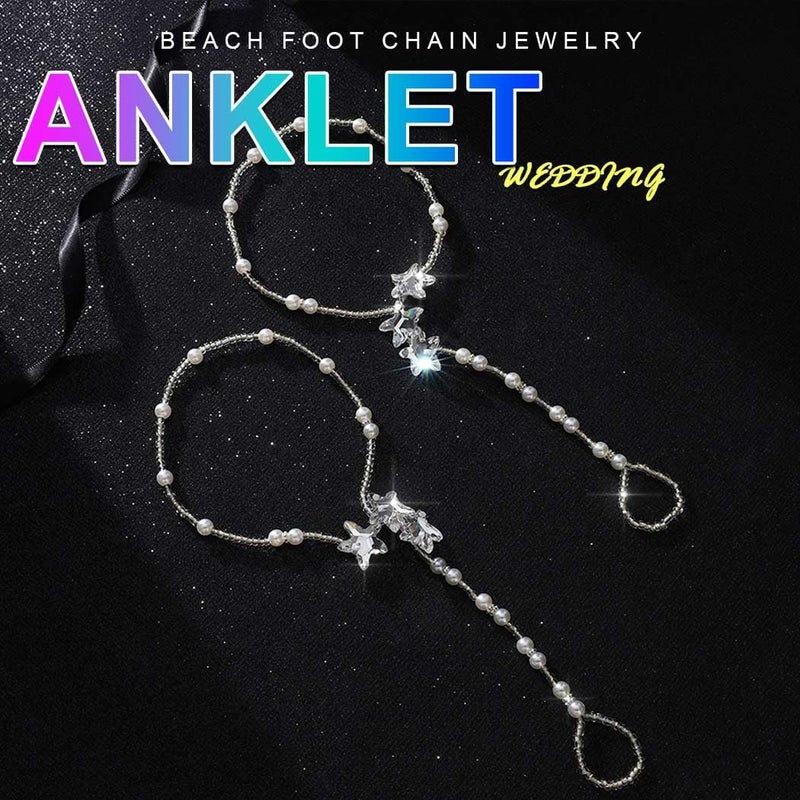 Nicute Boho Pearl Barefoot Sandals Anklet Rhinestone Silver Star Anklet Chain Wedding Summer Beach Foot Chain Jewelry for Women (2 Pieces) - Image 5